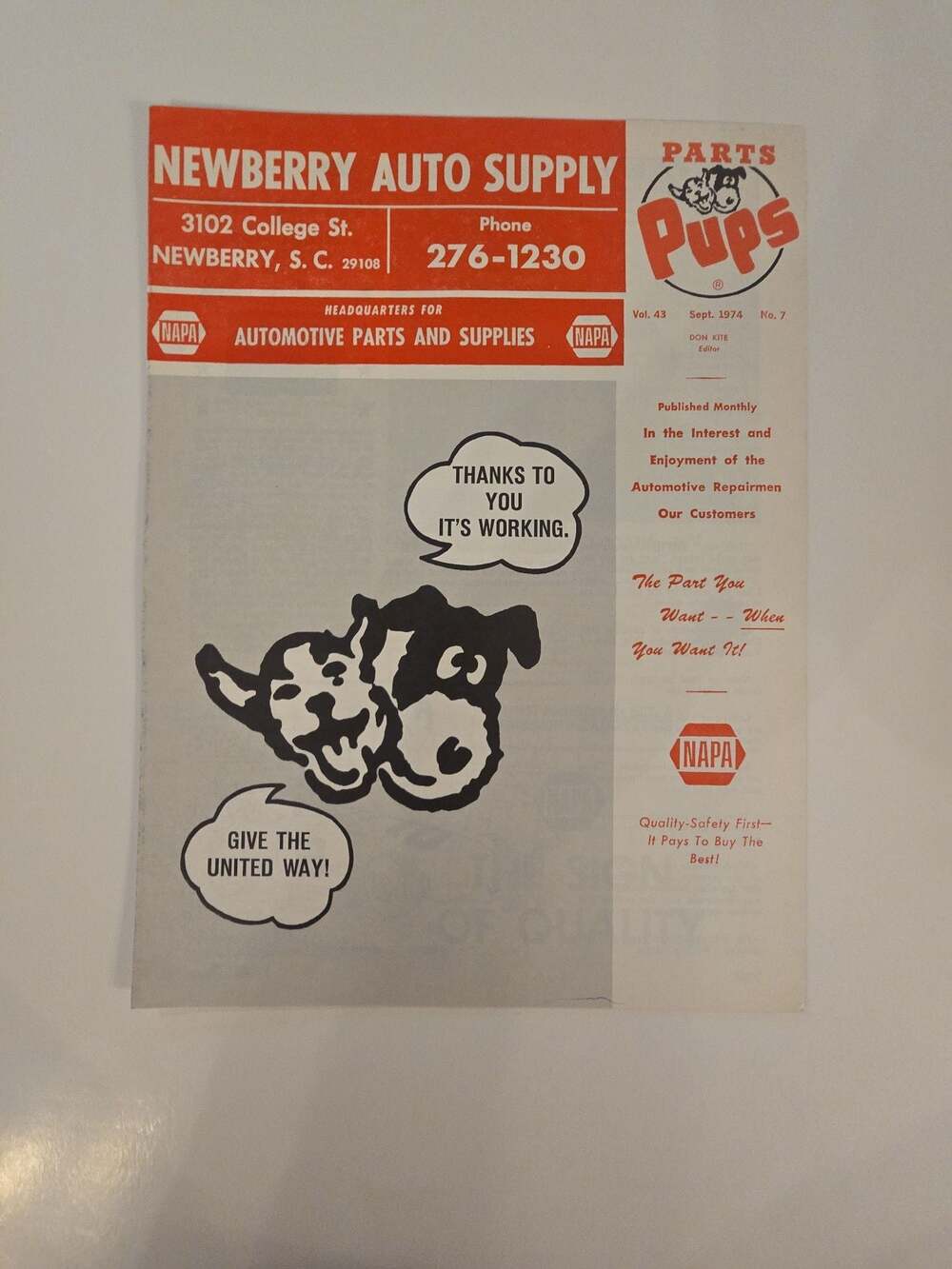 Vintage September 1974 NAPA Auto Parts Pups Newsletter